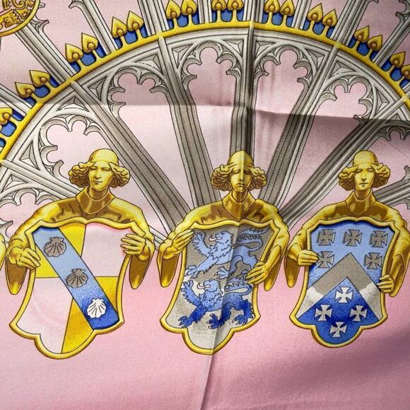 Hermes British Heraldry Coat Of Arms Pink Gold Blue 100% Silk Scarf 90cm Square - Picture 14 of 16